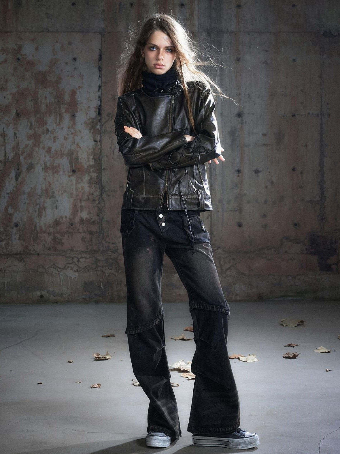 Cest Nous Patchwork Punk Low Waist Asymmetric Women Washed Black Cotton Straightlegjeans