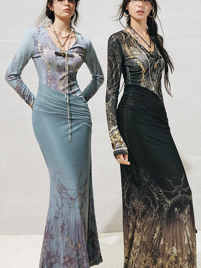 OfAkiva High Stretch High Waist Vintage Floral V-neck Long Sleeve A Line Maxi Dresses