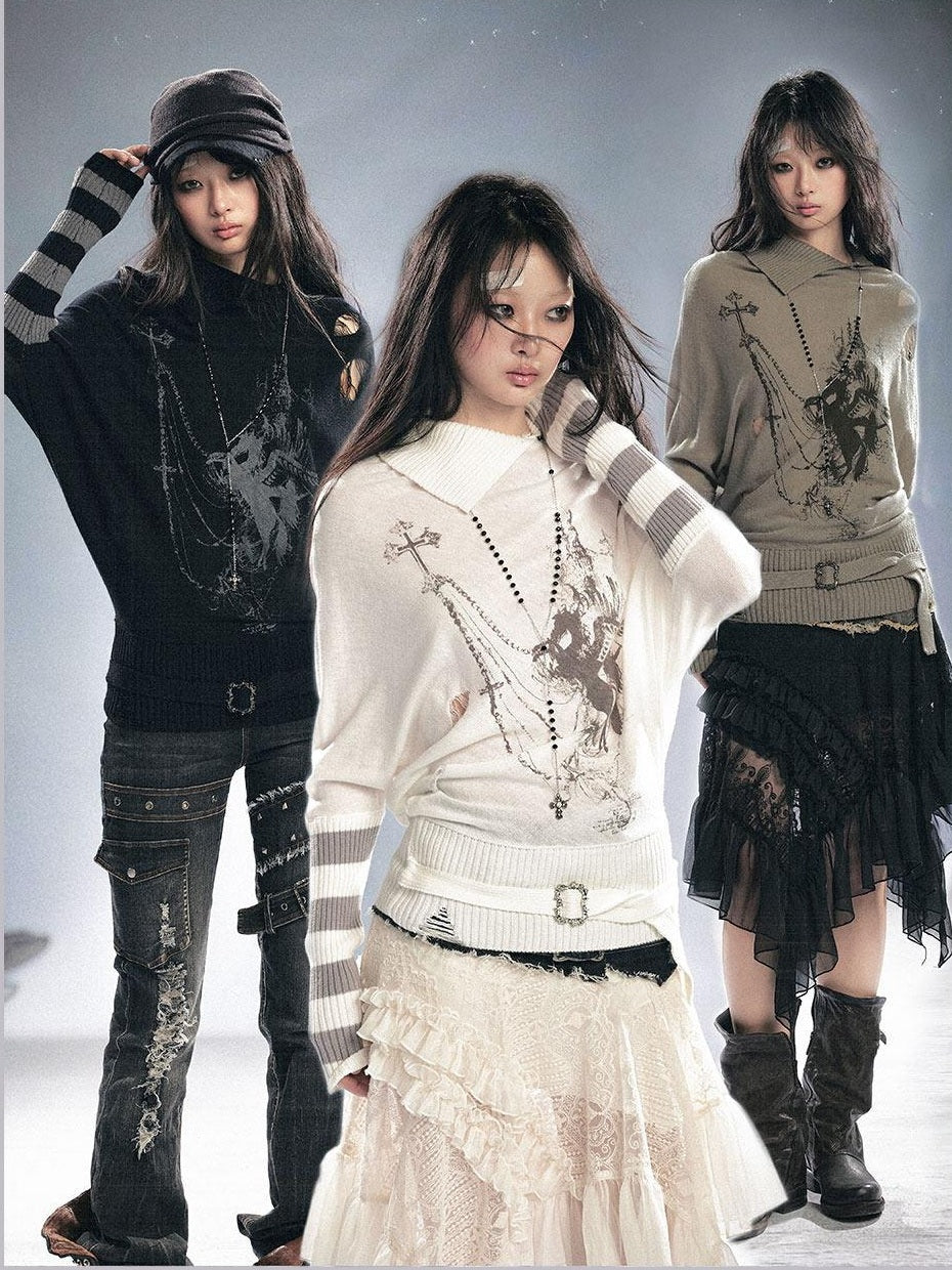 Cest Nous Cozy Wool Blend Punk Batwing Sleeve Regular Fit Women Striped Character Knitwear