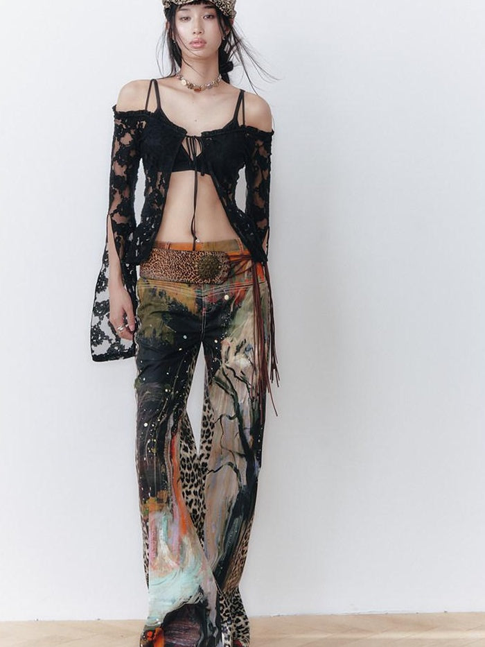 OfAkiva High Waist Leopard Patchwork Commuter Womens Straight Cut Flared Pants