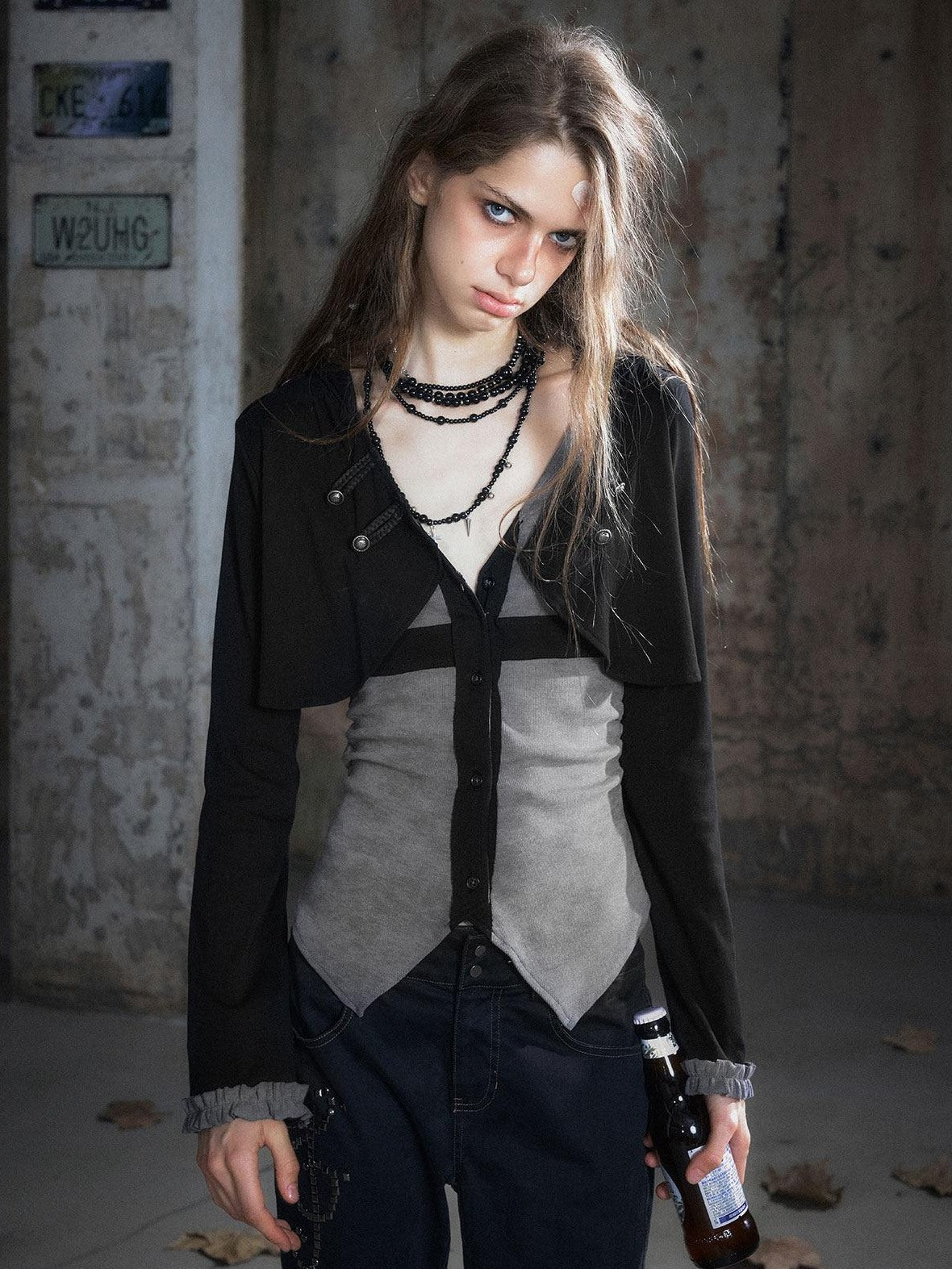 Cest Nous Slim Hooded Patchwork Knit Punk Long Sleeve Open Front Women Black Gray Blouses