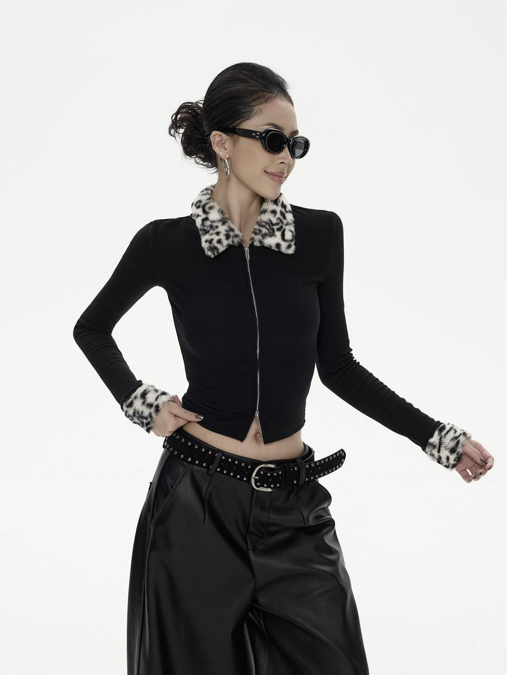 ZERO Soft Thick Zippered Slim Fit Patchwork Lapel Women Daily Black Rayon Cardigans