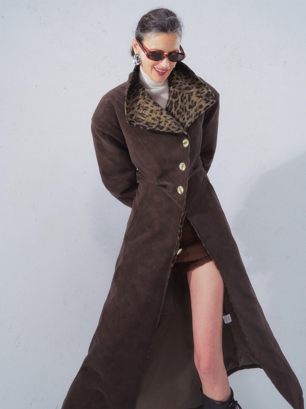 OfAkiva Faux Leather Windproof Vintage Straight Stand Collar Leopard Women Long Coats