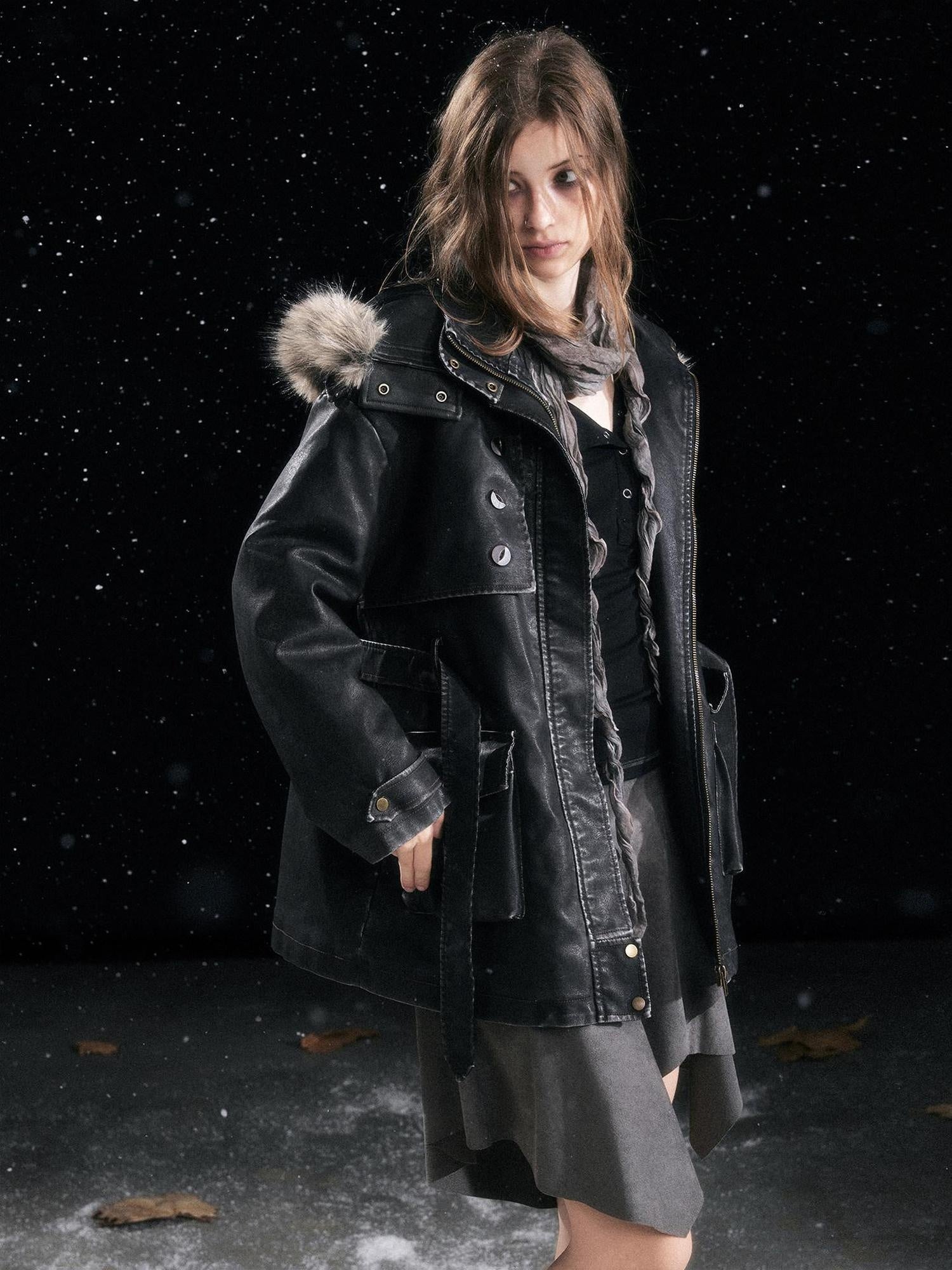 Cest Nous Insulated Commuter Hooded Straight Women Washed Black Leatherjackets