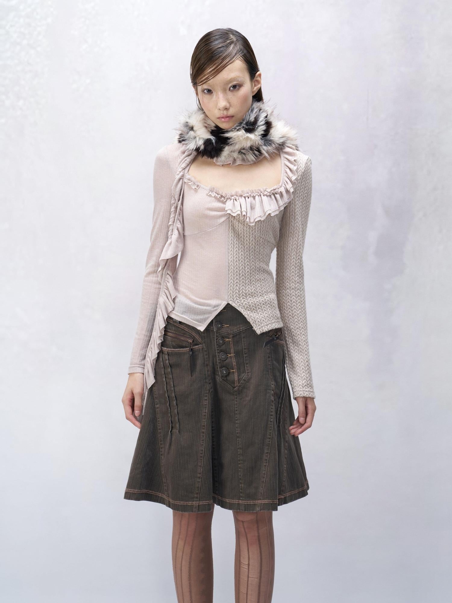 Flowers birds Market Vintage Washed Denim Pleated A Line Low Waist Casual Women Citywalk Midi Skirts