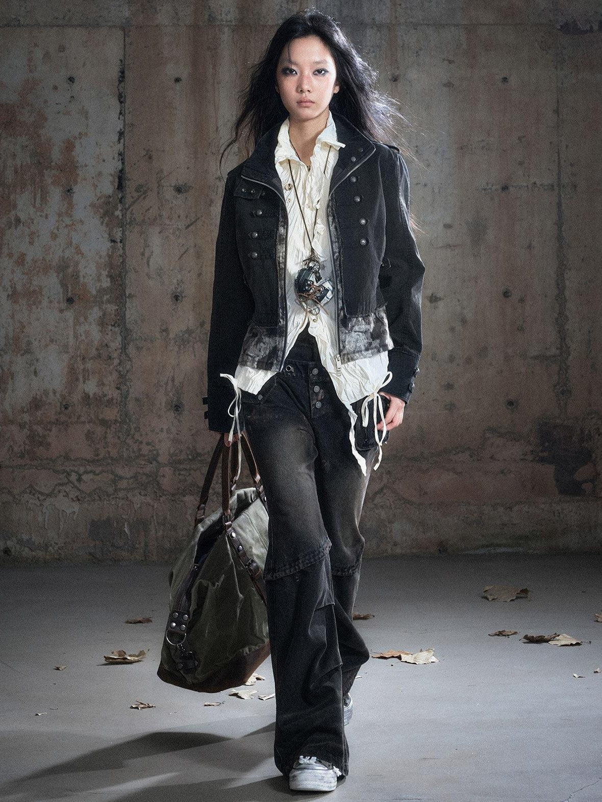 Cest Nous Frayed Punk Stand Collar Camo Cotton Button Long Sleeve Women Croppedjackets