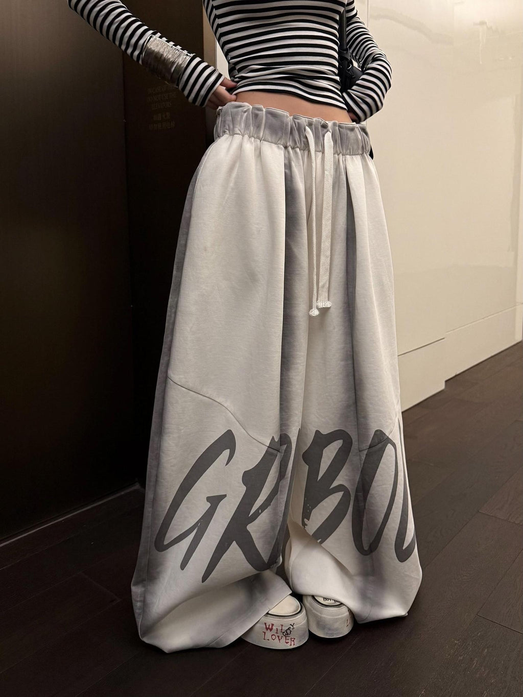 ZERO Light Apricot Cotton Letter Print Pockets Elastic Natural Waist Wide Leg Pants