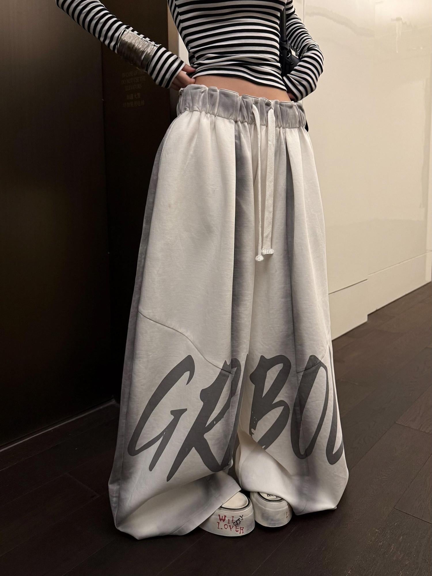 ZERO Light Apricot Cotton Letter Print Pockets Elastic Natural Waist Wide Leg Pants