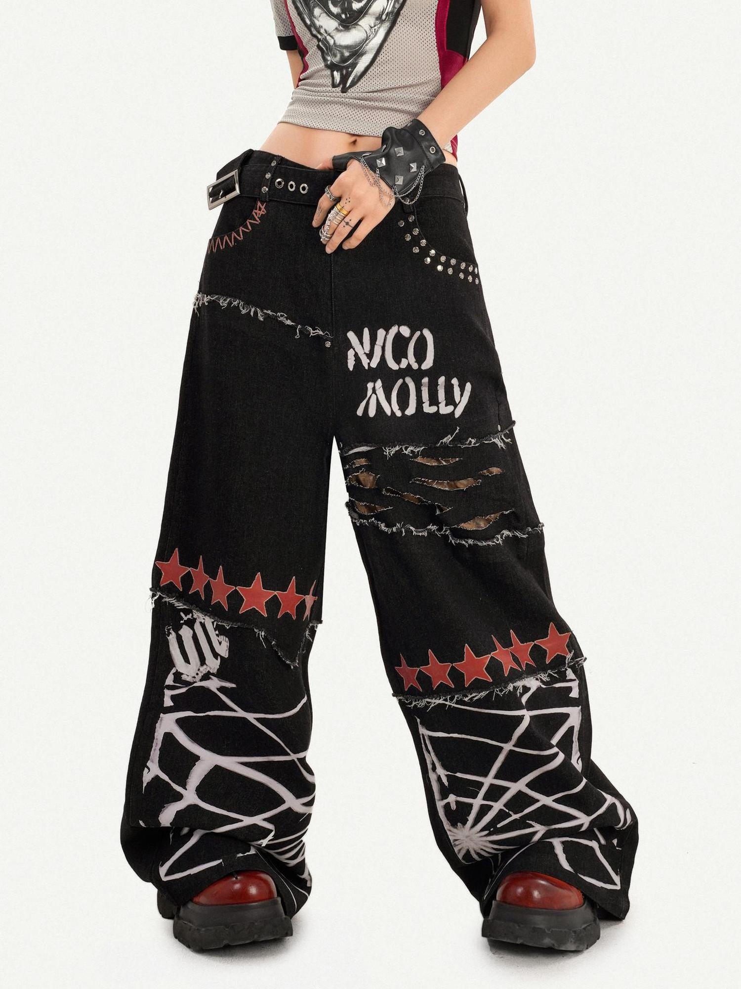 Nico Molly Ripped Natural Waist Relaxed Button Fly Letter Black Women Wide Leg Jeans