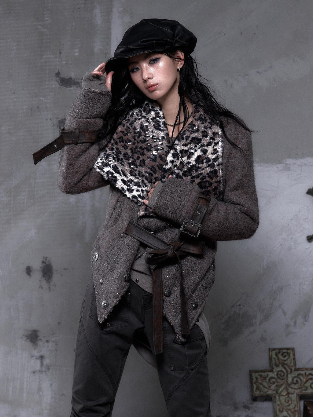 NO ROMANCE Leopard Print Patchwork Reversible Lapel Women'S Boucle Tweed Plush Short Coats