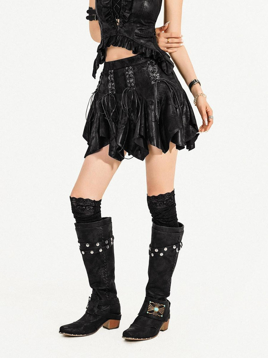 Nico Molly Regenerated Viscose Eco Fabric Mid Rise A Line Textured Black Girls Mini Skirts