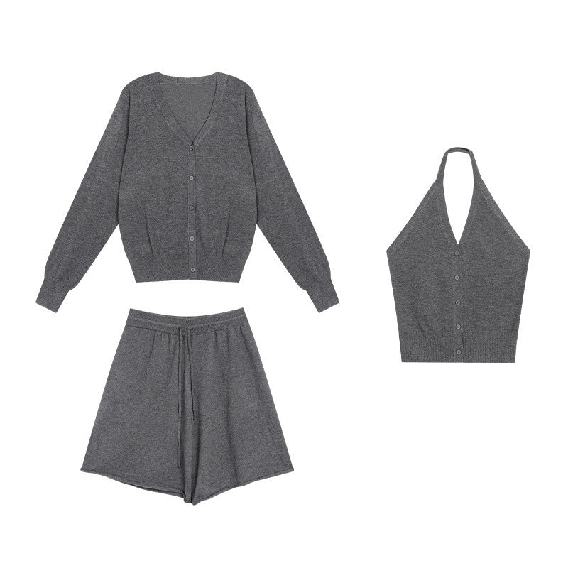 ZERO_High_Stretch_Knitted_V-neck_Cardigan_Loose_Fit_3_Piece_Women_Top_&_Shorts_Sets_MISSTT