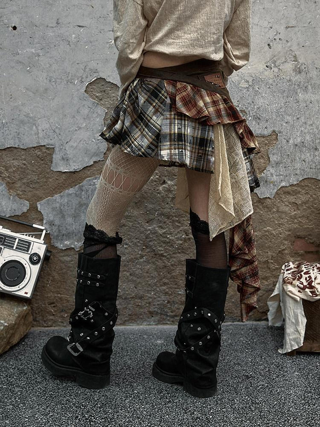 NO ROMANCE Punk Asymmetric Plaid Patchwork Rivet Women'S Cotton Midi Skirts