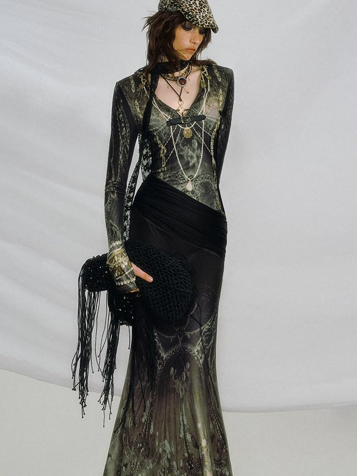 OfAkiva High Stretch High Waist Vintage Floral V-neck Long Sleeve A Line Maxi Dresses