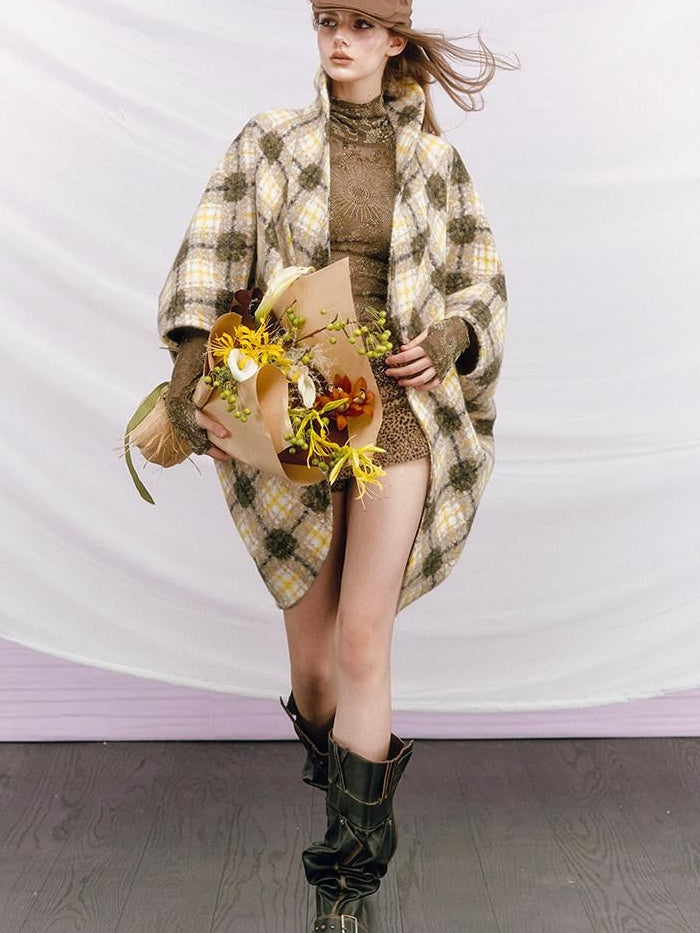 OfAkiva Cozy Thick Vintage Cape Silhouette V-neck Mid Length Plaid Women Jackets