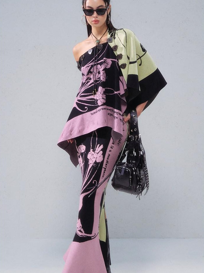 OfAkiva Colorblock Floral Chinese Slim Fit Women Two Piece Elegant Top & Skirt Sets