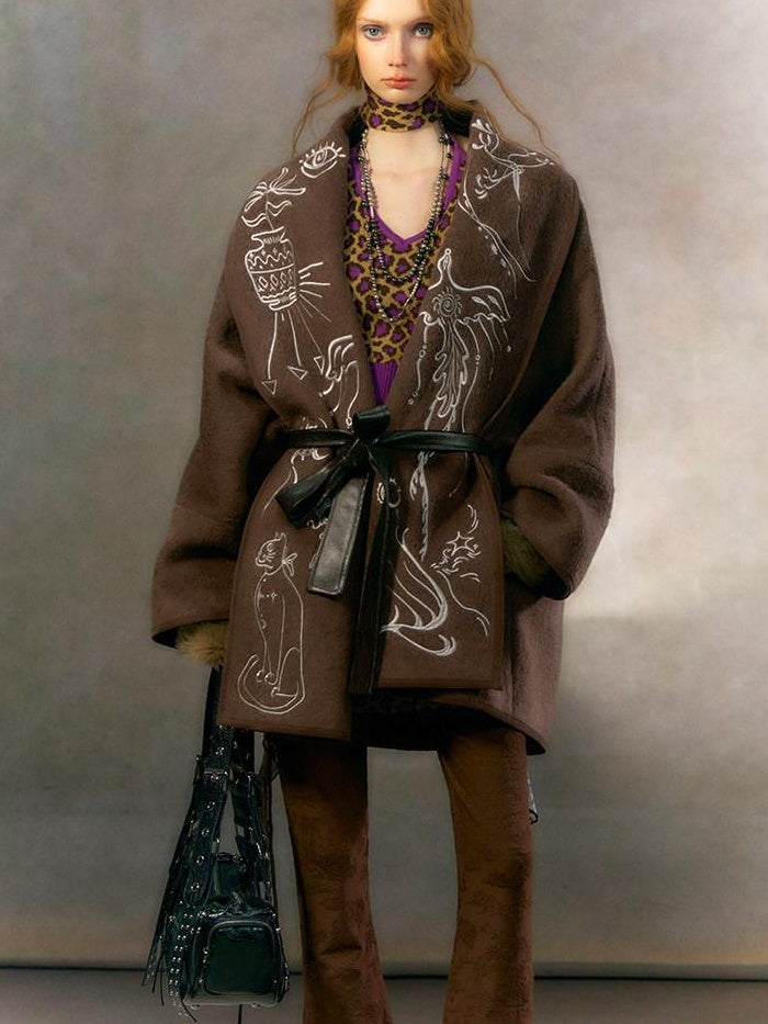OfAkiva Embroidered Double Faced Wool Elegant Loose Fit Women Brown Short Coat