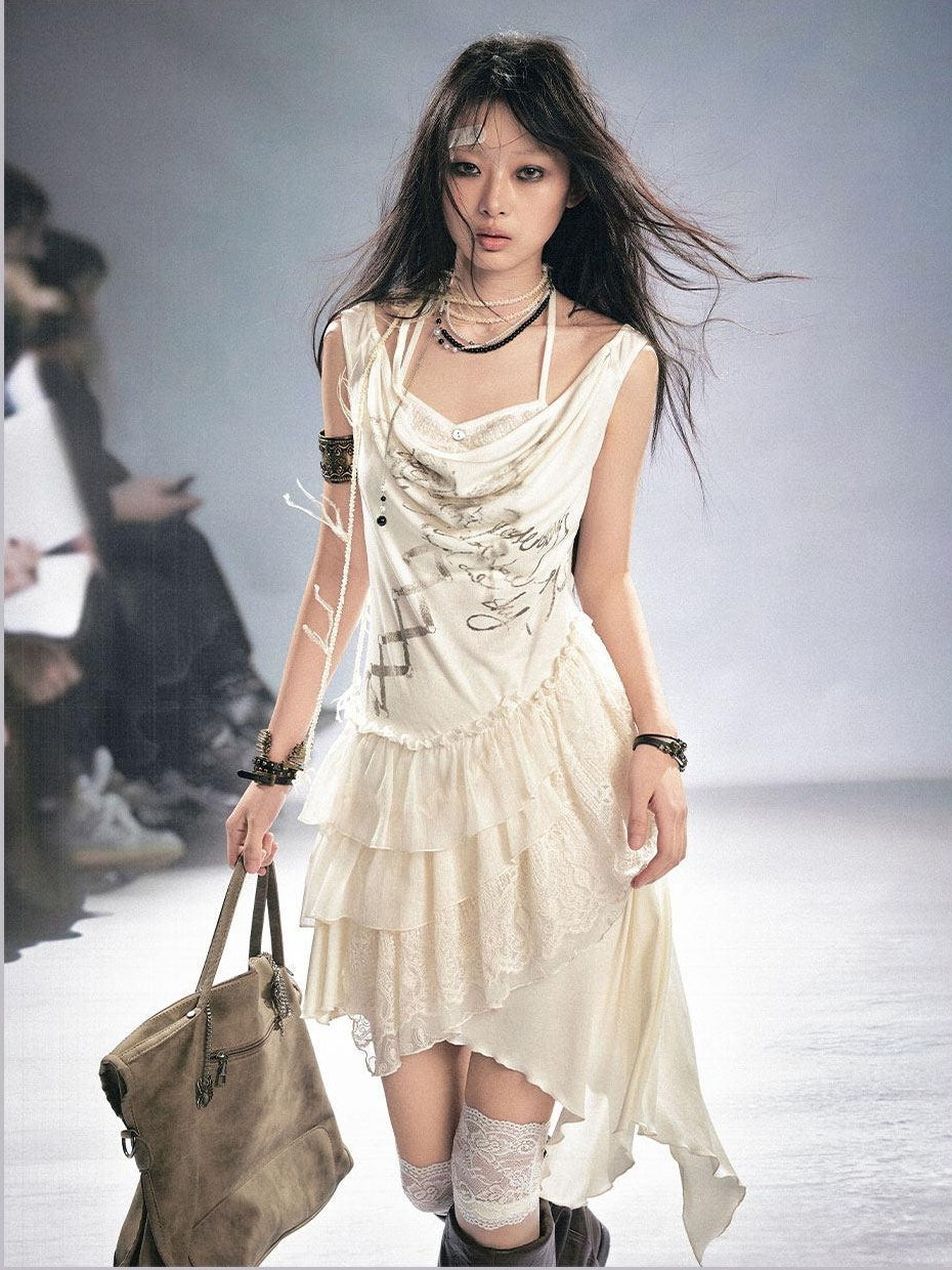 Cest Nous Breathable Lyocell Slim Fit Sleeveless Collared Irregular Hem Beige Mididresses