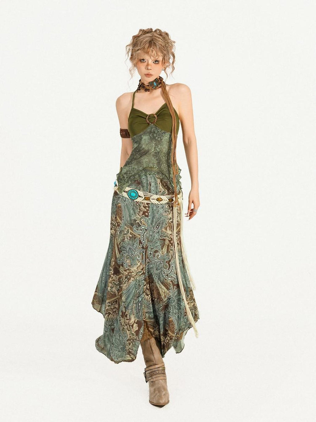 Nico Molly Floral Patchwork V-neck Slim Fit Sleeveless Women Printed Green Top & Skirt Sets