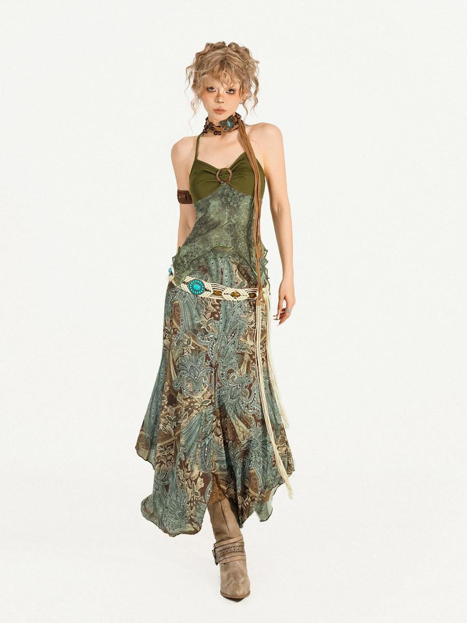 Nico Molly Floral Patchwork V-neck Slim Fit Sleeveless Women Printed Green Top & Skirt Sets