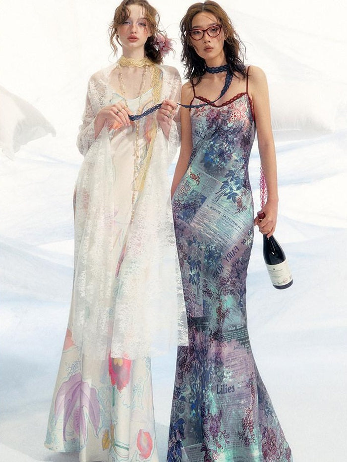 OfAkiva High Waist Southeast Asian Printed Spaghetti Strap A Line Polyester Maxi Dresses