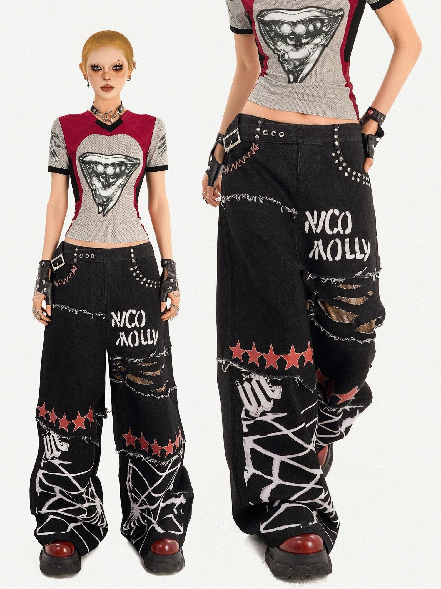 Nico Molly Ripped Natural Waist Relaxed Button Fly Letter Black Women Wide Leg Jeans
