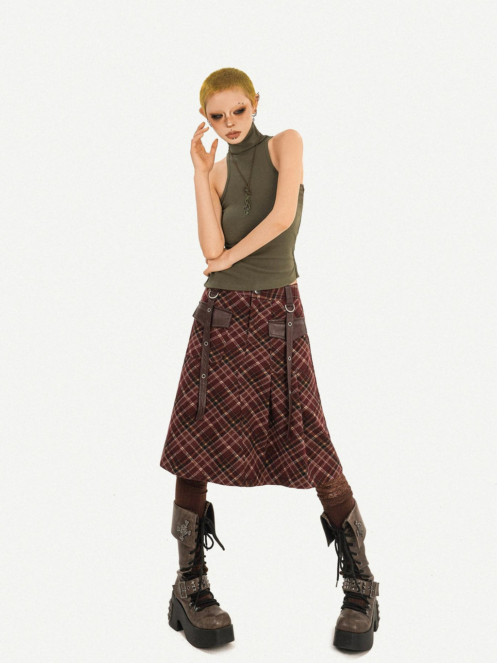 Nico Molly Casual Distressed Plaid A Line Button Pocket Midwaist Tweed Women Midi Skirts