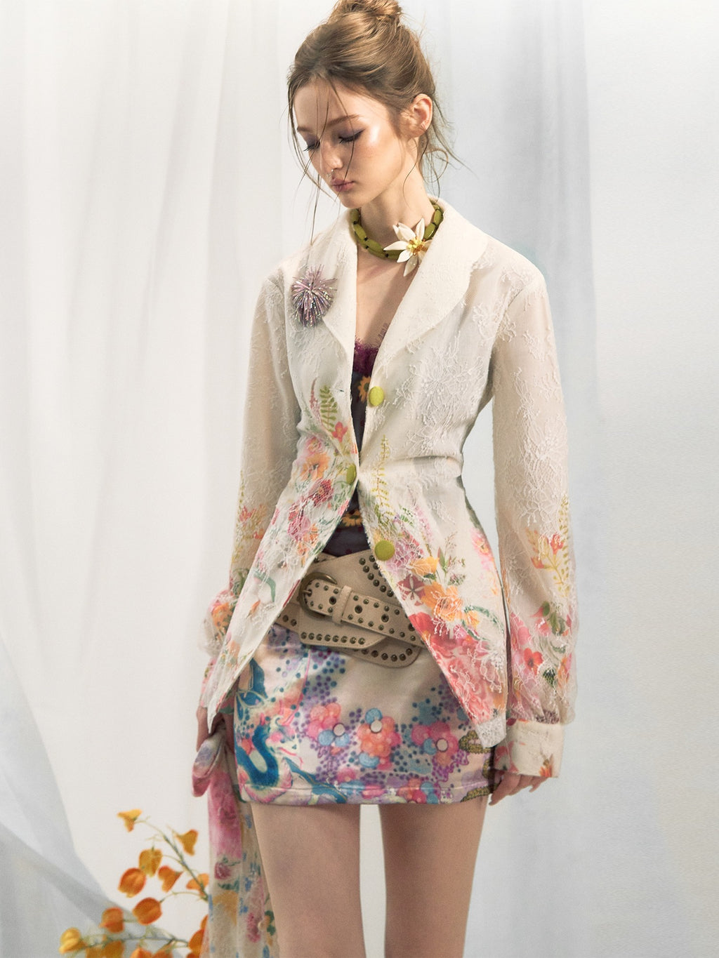 OfAkiva Rhinestone Floral Print Cinched Waist Single Button White Long Sleeve Blazers