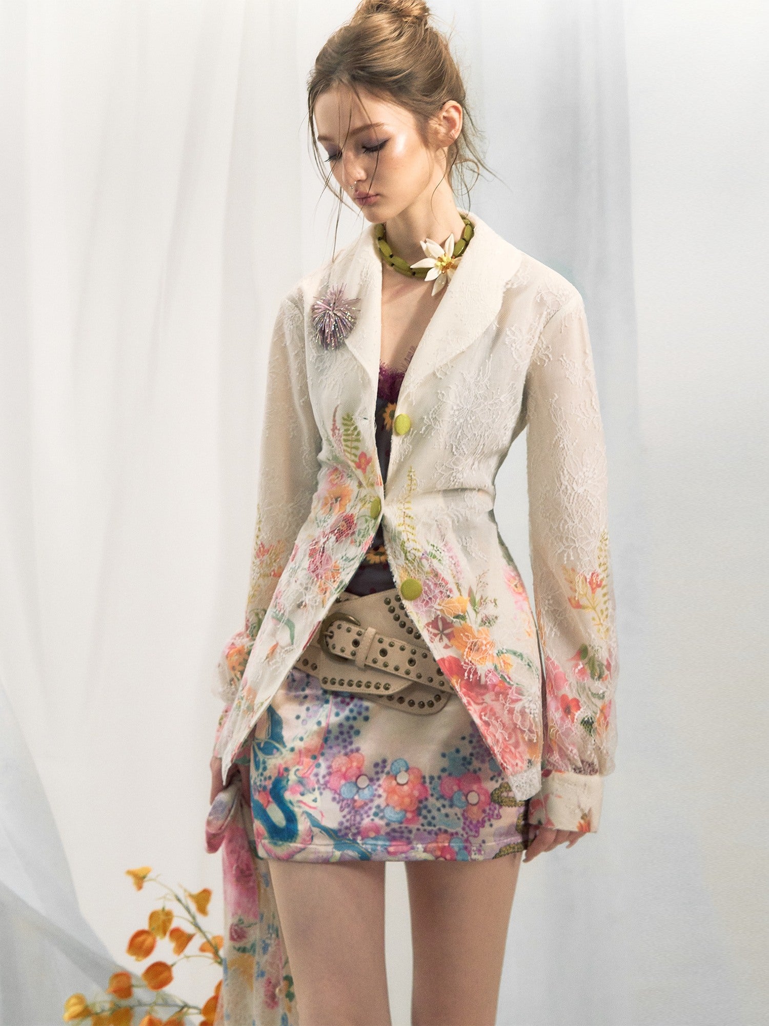 OfAkiva Rhinestone Floral Print Cinched Waist Single Button White Long Sleeve Blazers