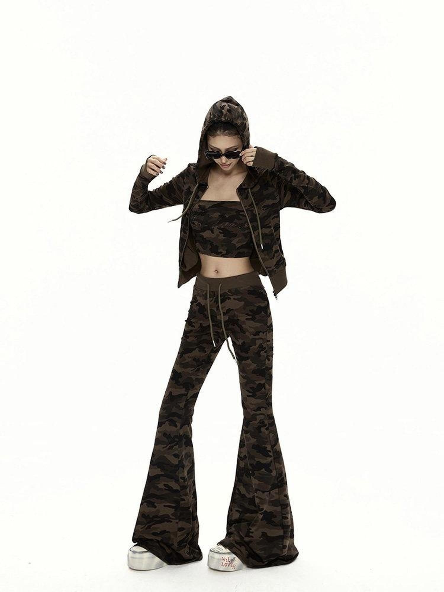 ZERO Zip Front Hooded Camo Three Piece Sexy Casual Women Long Sleeve Top & Pants Sets