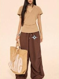 ZERO Ruched V-neck Slim Fit Casual Solid Knit Pullover Women Long Sleeve Crop Tops
