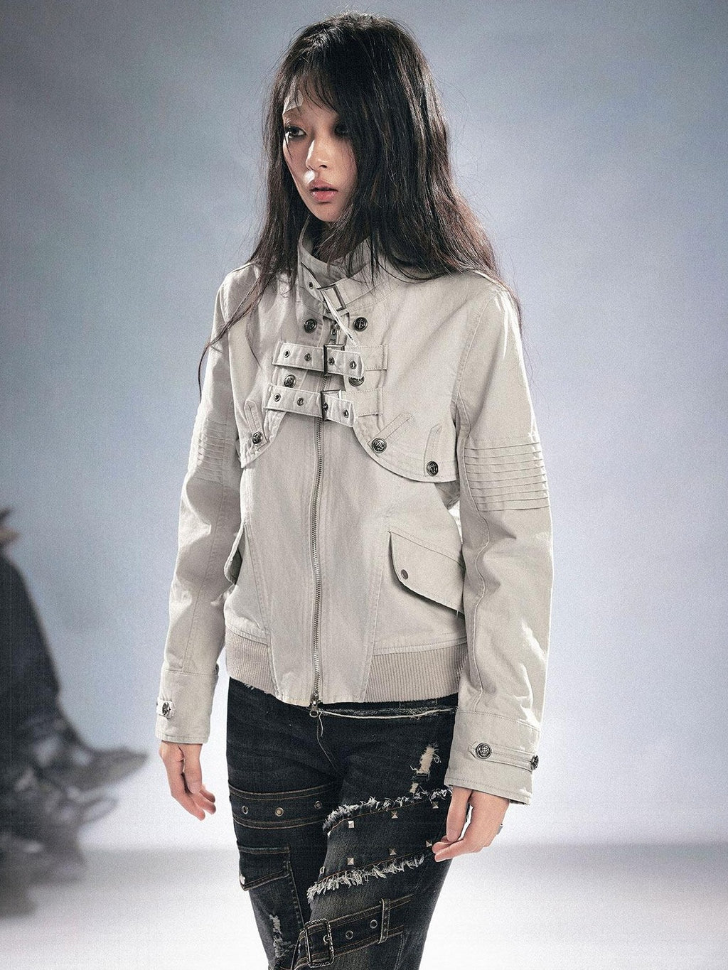 Cest Nous Detachable Punk Long Sleeve Zip Front Women Cotton Black Croppedjackets