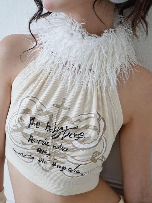 WSW 100 Percent Cotton Soft Halter Cropped Original Design Women Beige Tank Tops
