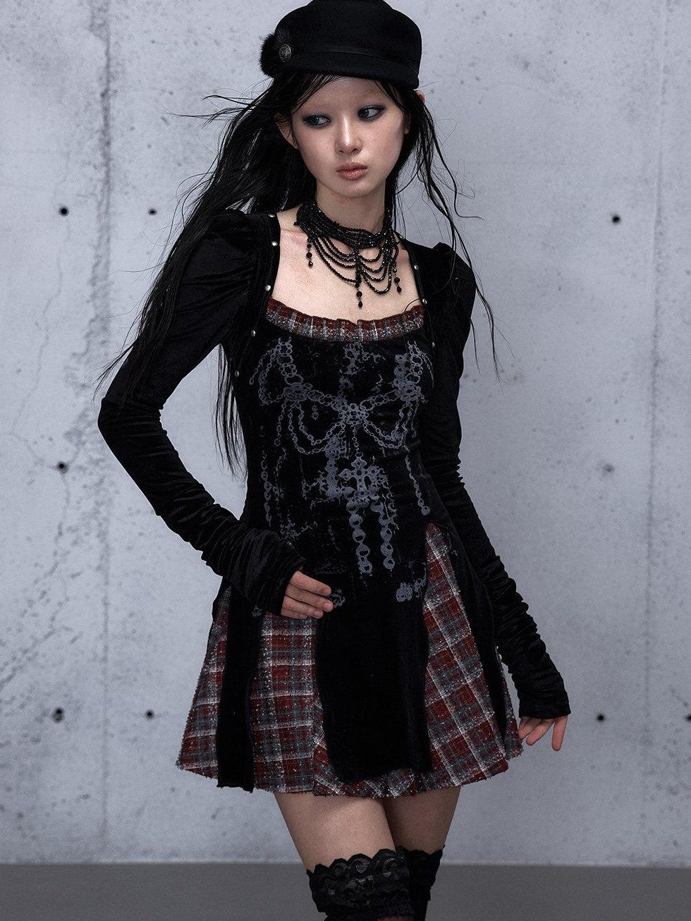 NO ROMANCE Baroque Plaid Polka Dot Square Neck Puff Sleeve Women'S Velvet Mini Dresses
