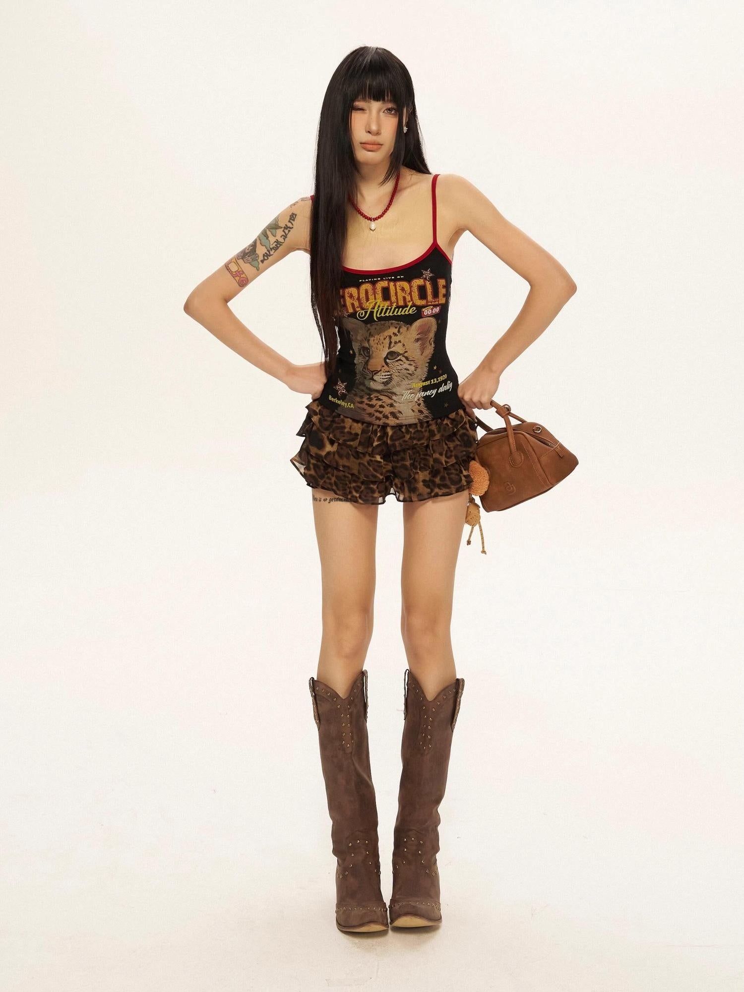 ZERO Ruched Leopard Print Low Rise Streetwear Athleisure Polyester Women Mini Skirts