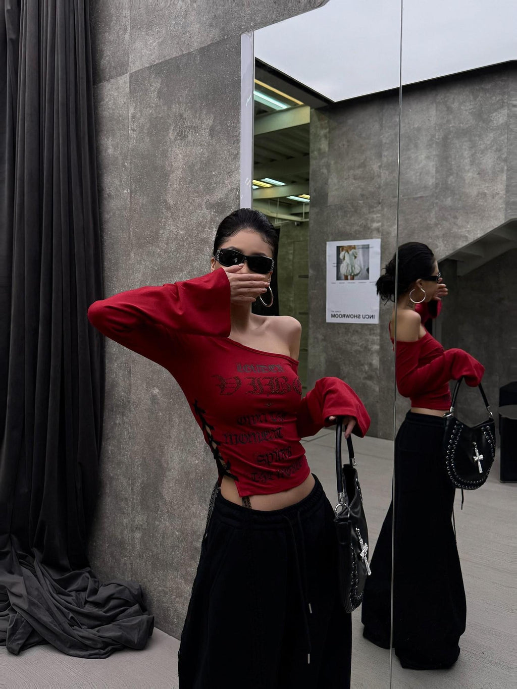 ZERO Wild Print Red Slim Street Asymmetrical Neck Women Viscose Long Sleeve Crop Tops