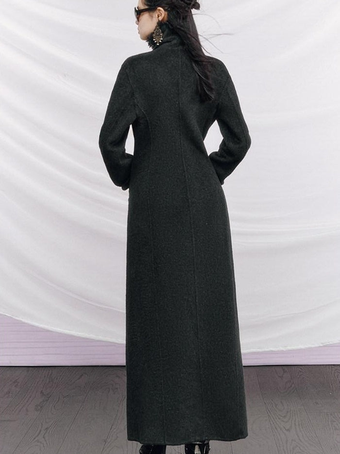 OfAkiva Vintage Slim Wool V-neck Drop Shoulder Single Breasted Women Long Coats