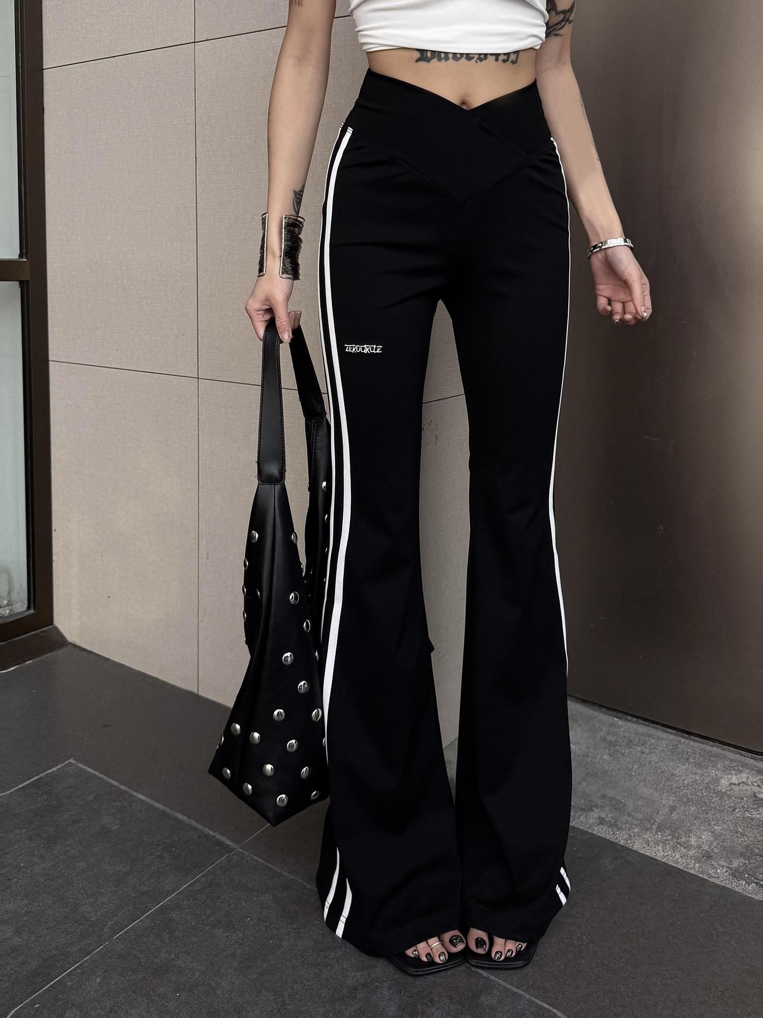 ZERO High Stretch Nylon Striped Street Natural Waist Women Black Flared Pants