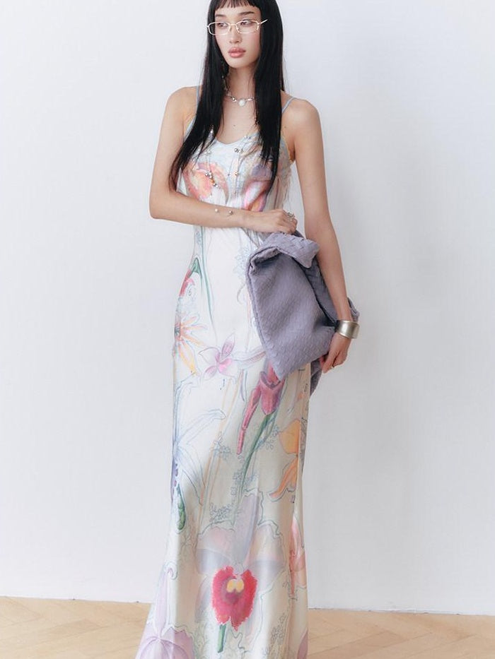 OfAkiva High Waist Southeast Asian Printed Spaghetti Strap A Line Polyester Maxi Dresses