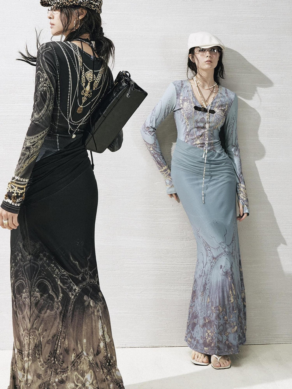 OfAkiva High Stretch High Waist Vintage Floral V-neck Long Sleeve A Line Maxi Dresses