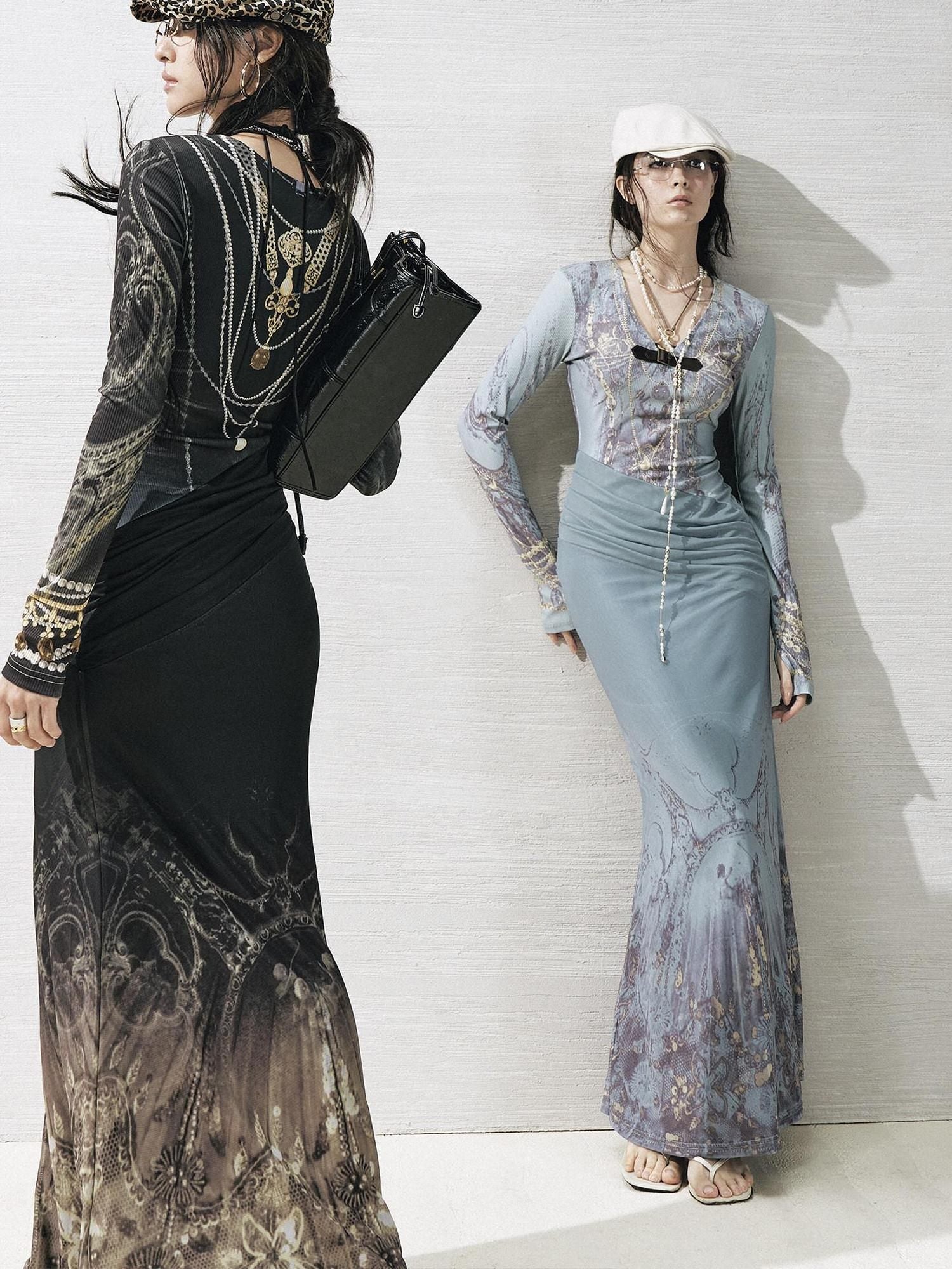 OfAkiva High Stretch High Waist Vintage Floral V-neck Long Sleeve A Line Maxi Dresses