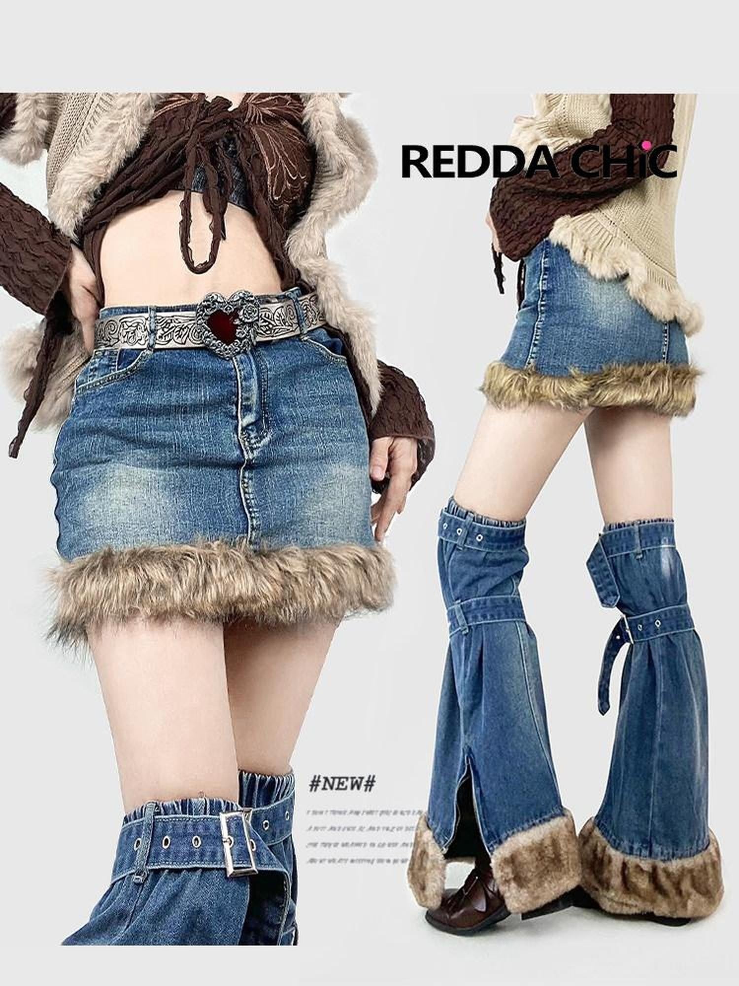REDDACHIC American Vintage High Waist Bodycon Street Women'S Plush Denim Mini Skirts
