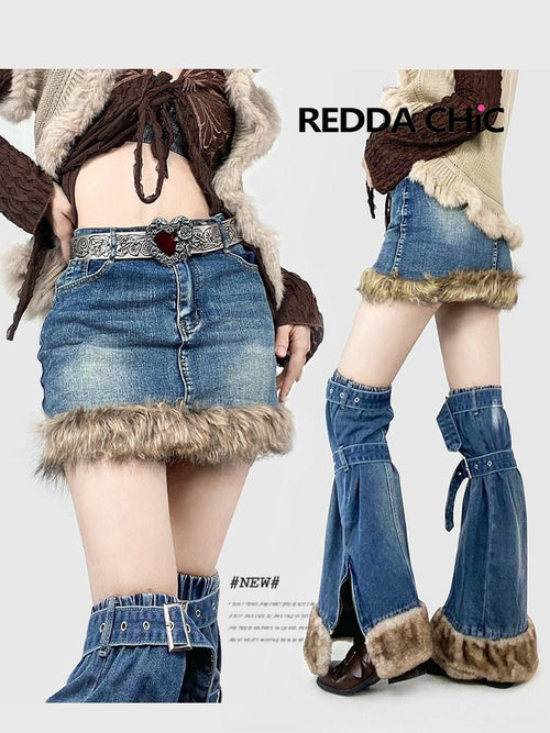 REDDACHIC American Vintage High Waist Bodycon Street Women'S Plush Denim Mini Skirts