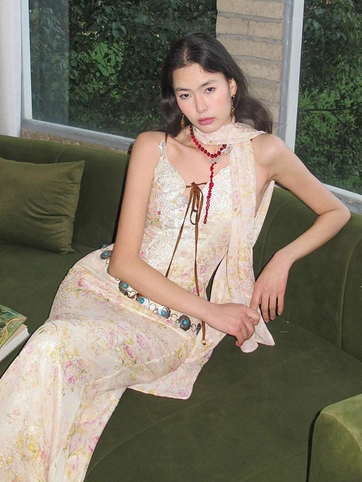 OfAkiva Flattering Cinched Waist Printed V-neck A Line Sleeveless Casual Maxi Dresses
