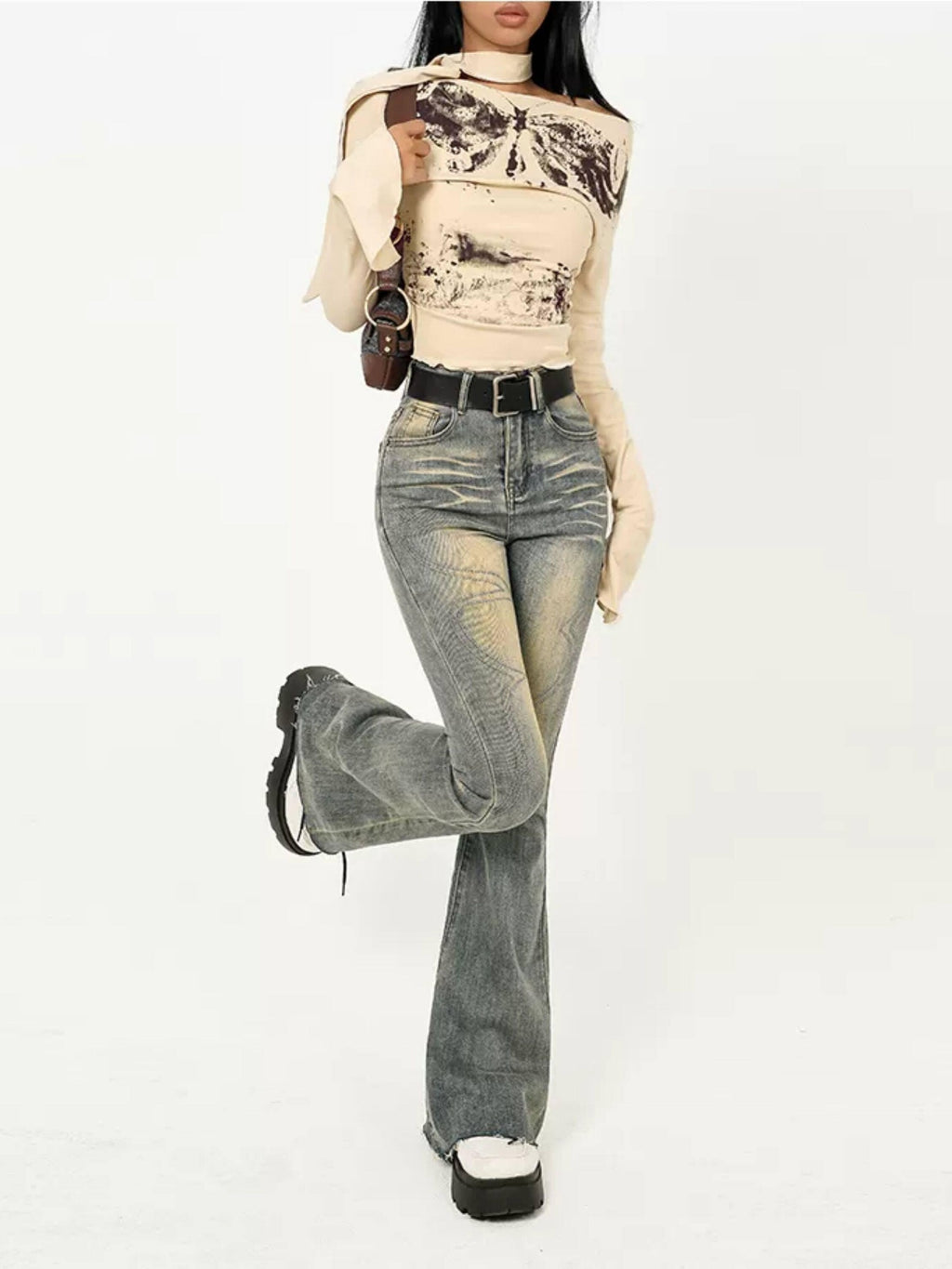 Nico Molly Cotton Tie Dye Slim Boatneck Cropped Khaki Print Girls Long Sleeve T-Shirts