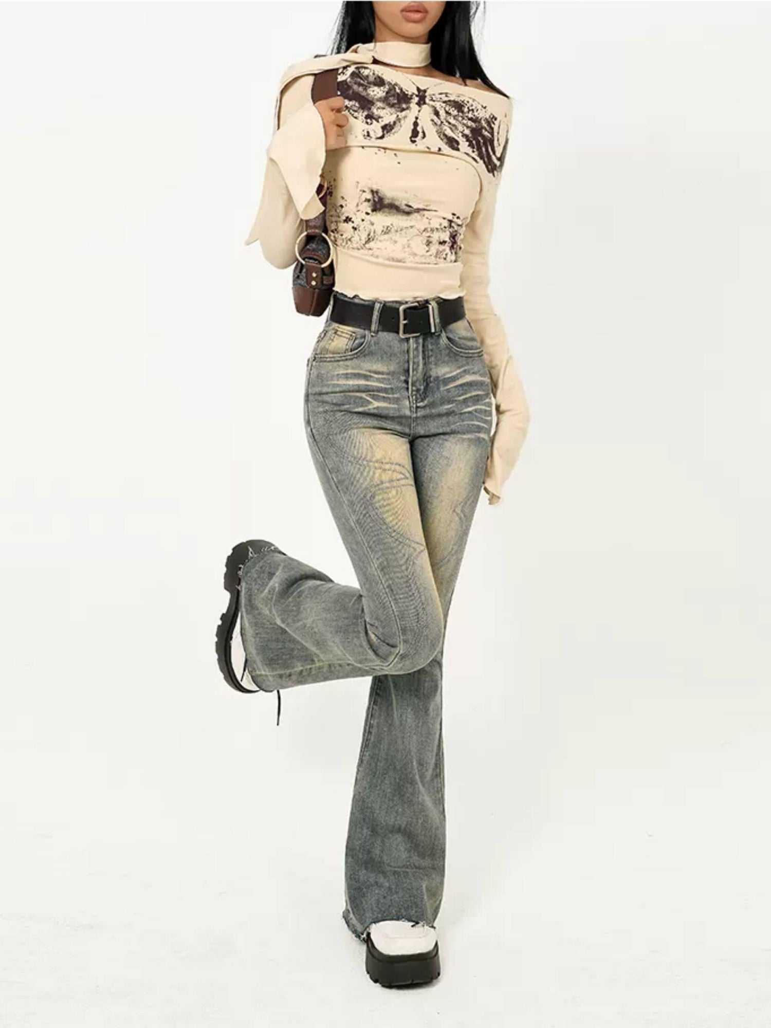 Nico Molly Cotton Tie Dye Slim Boatneck Cropped Khaki Print Girls Long Sleeve T-Shirts
