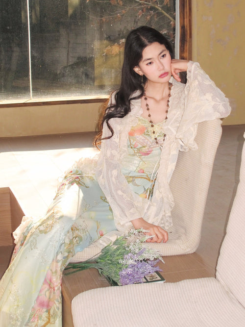 OfAkiva Breathable Lace Floral Tie Waist Slim Long Sleeve Casual Spliced Women Cardigans