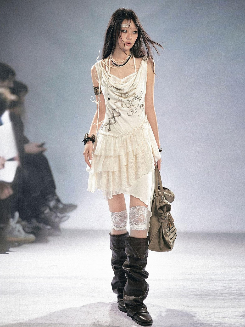 Cest Nous Breathable Lyocell Slim Fit Sleeveless Collared Irregular Hem Beige Mididresses