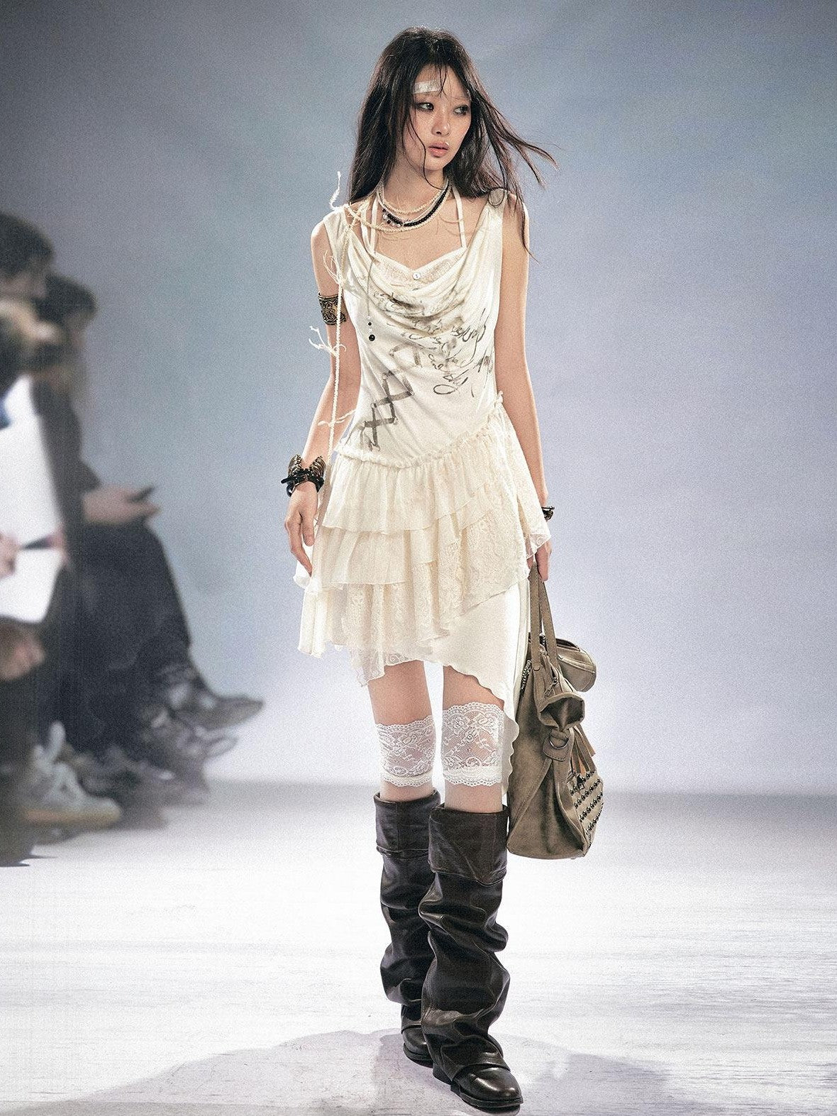 Cest Nous Breathable Lyocell Slim Fit Sleeveless Collared Irregular Hem Beige Mididresses