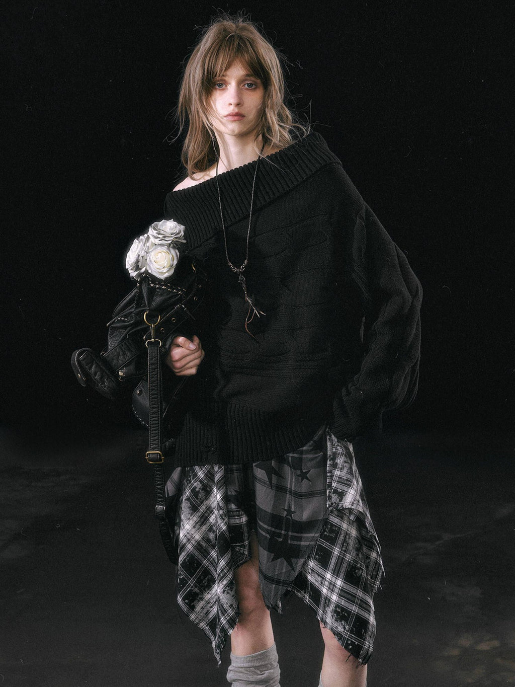Cest Nous Patchwork Asymmetrical Punk Plaid A Line Mid Waist Women Cotton Midiskirts